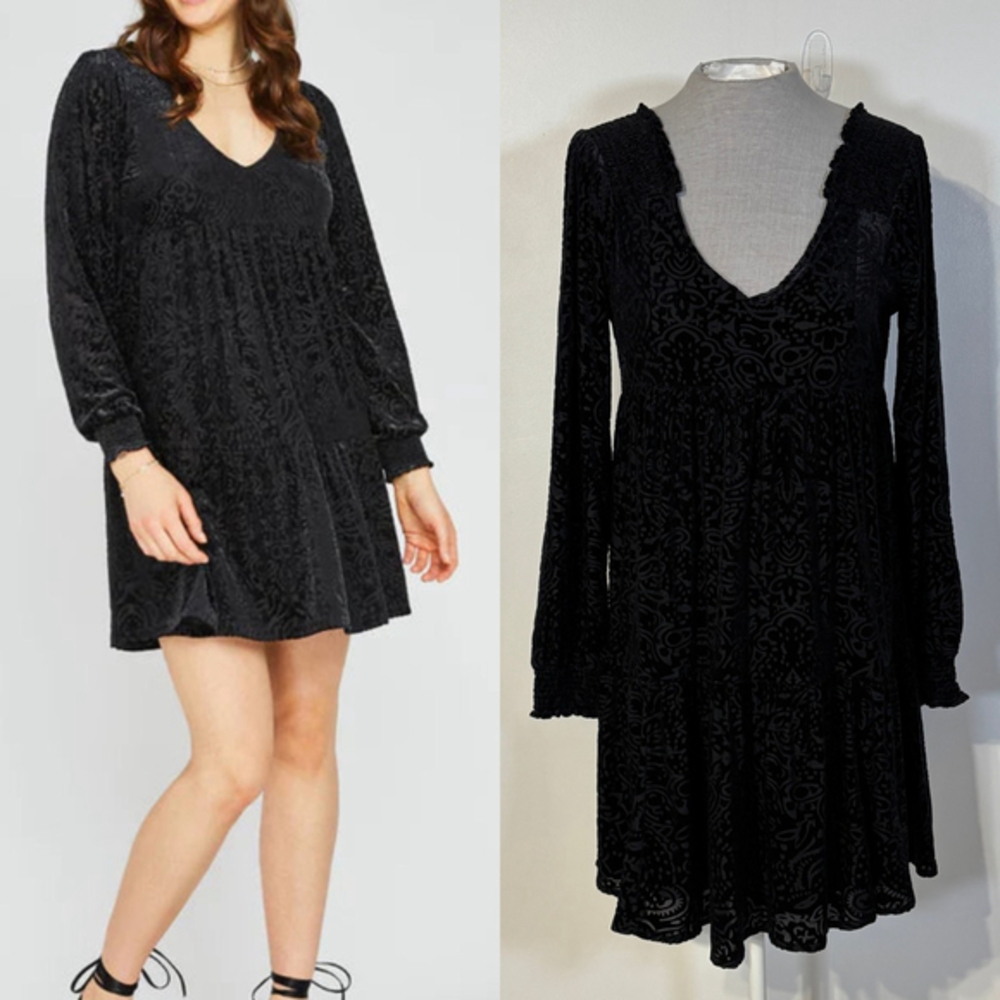 Gentle Fawn Verona Velvet Burnout Dress Black Women’s Small V-Neck Smocked Cuffs